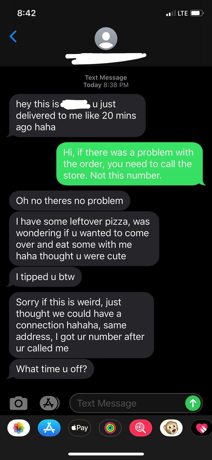 A screenshot of hilarious texts showing a delivery person asking a customer for a date, making the customer cringe.