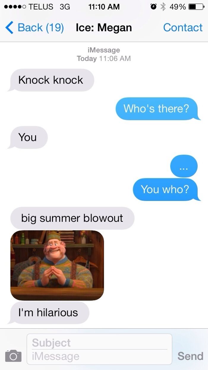 A screenshot of a hilarious text exchange featuring a knock-knock joke and a picture of Kristoff from Frozen.