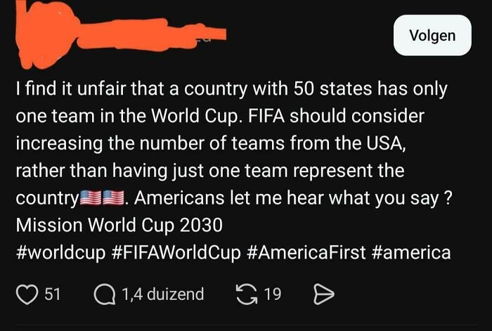 A social media post questioning why the USA has only one team in the World Cup, highlighting perceived stupidity of Americans.