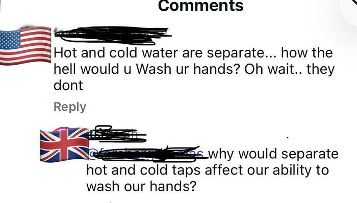 A comment section discussing hot and cold water taps, with an American user's comment highlighting perceived stupidity of Americans.