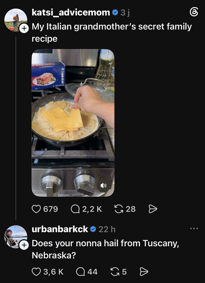 A person adding American cheese to pasta, labeled as an Italian recipe, showing American stupidity.