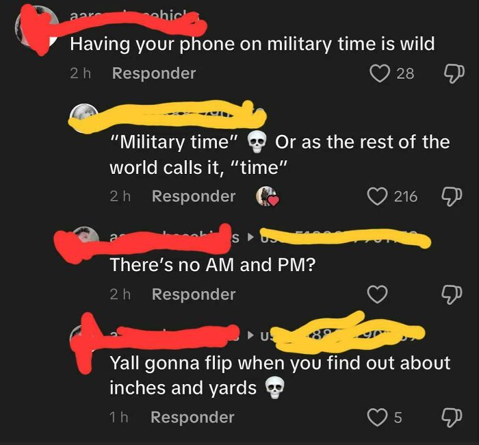 A social media discussion about military time, with Americans showing their stupidity by not recognizing 24-hour time or metric units.