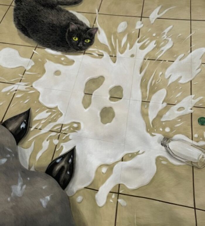 A black cat with yellow eyes lies beside a spill of milk, reflecting a surreal moment on the tiled floor.