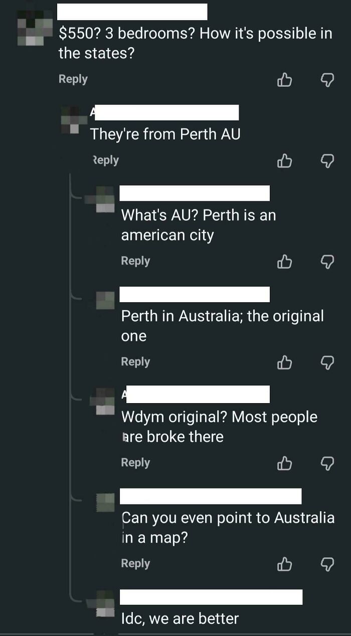 A social media exchange where people show American stupidity by not knowing Perth, Australia, or even where Australia is on a map.