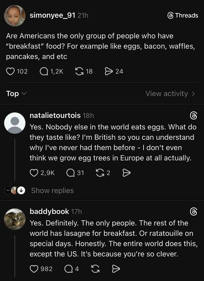 A social media conversation where people display American stupidity by thinking breakfast foods and eggs are exclusive to the US.