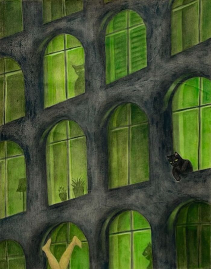 A black cat peeking from a window ledge in a multi-story building with green-lit windows, creating a surreal moment.
