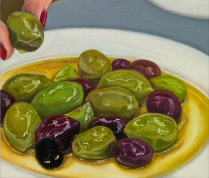 A hand with red nail polish drops an olive onto a plate of olives, a small black cat peeks from olives for surreal moments.