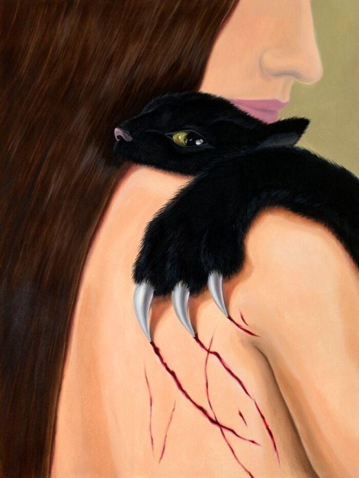 A black cat with sharp claws rests on a woman's shoulder, leaving scratches in a surreal moment.