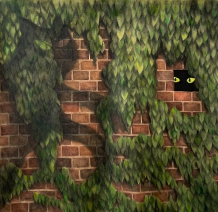 A black cat's yellow eyes peeking from a dark opening in an ivy-covered brick wall, a surreal moment.