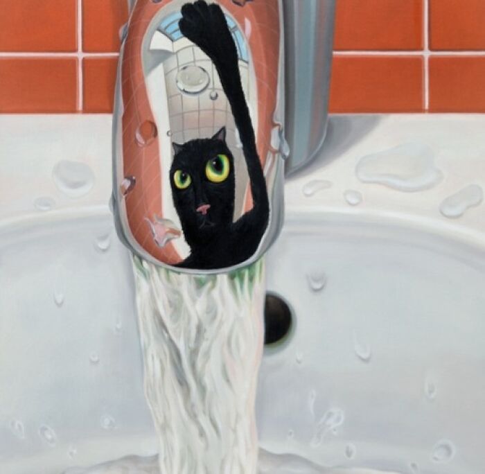 A black cat reaching out from a running faucet, a surreal moment with a cat in the bathroom.