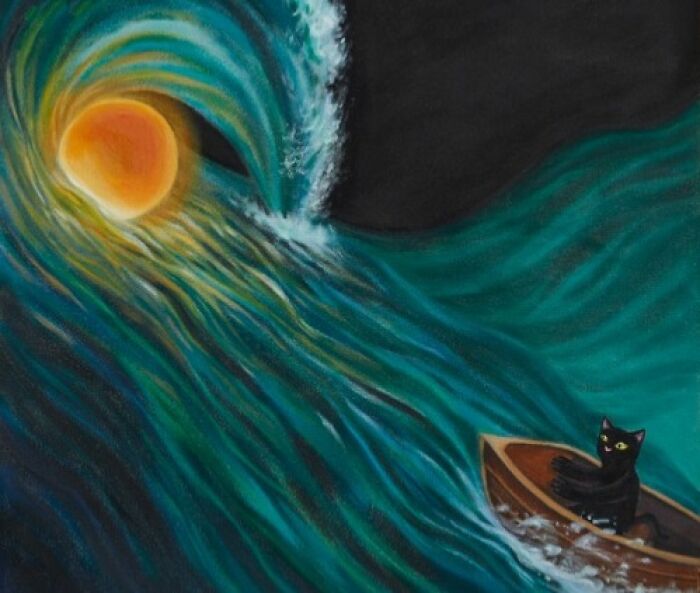 A black cat in a boat, riding a giant wave with an orange sun, a surreal moment on the sea.