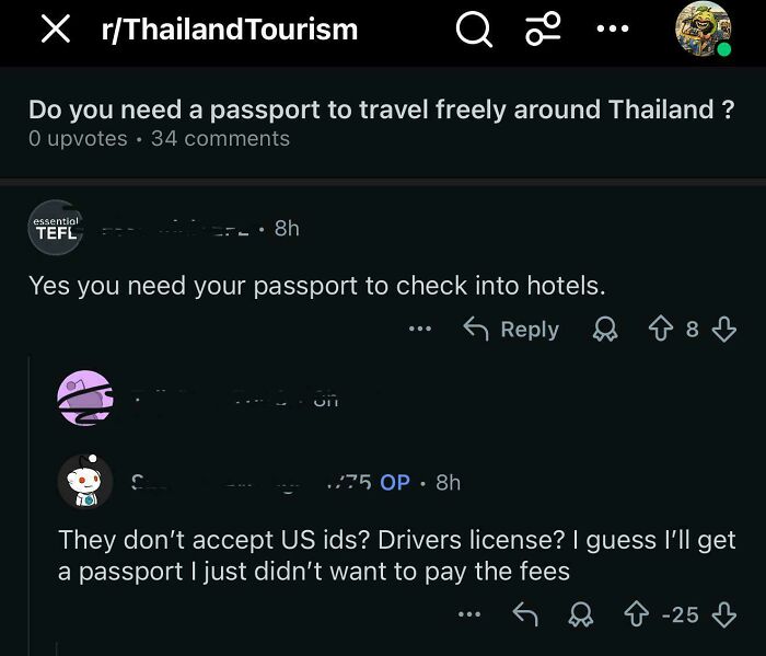 A Reddit post asking if a passport is needed for Thailand, exemplifying the stupid questions asked by Americans.