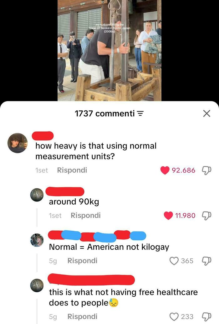 A social media post with a comment asking to convert kilograms to American units, showing how stupid Americans are.