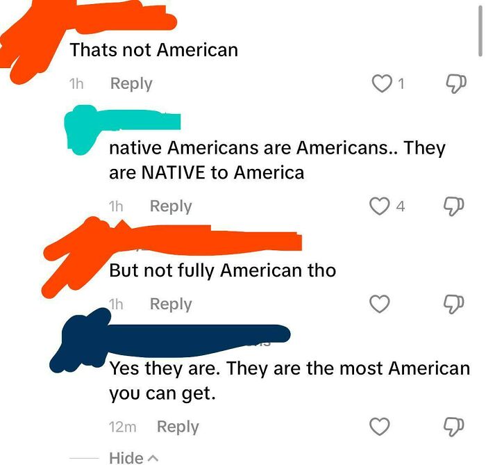 A social media exchange debating whether Native Americans are fully American, illustrating American stupidity.