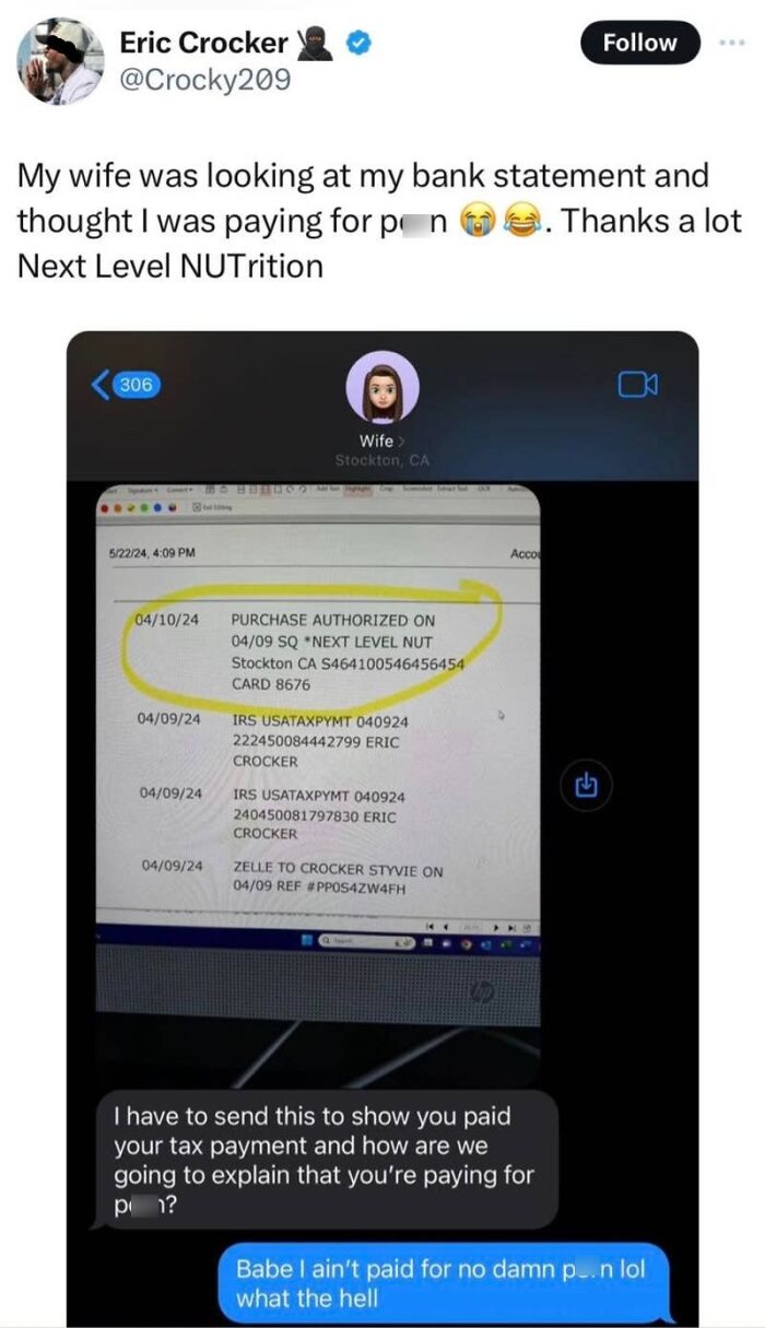 A tweet and screenshot of hilarious texts between a husband and wife about a bank statement, that might make you cringe.