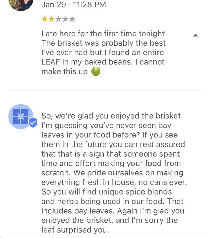 A restaurant review complaining about a bay leaf in beans, demonstrating a stupid American's culinary ignorance.