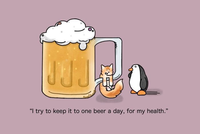 Hilariously relatable comics showing a fox and penguin with an oversized beer, bringing animals to life.