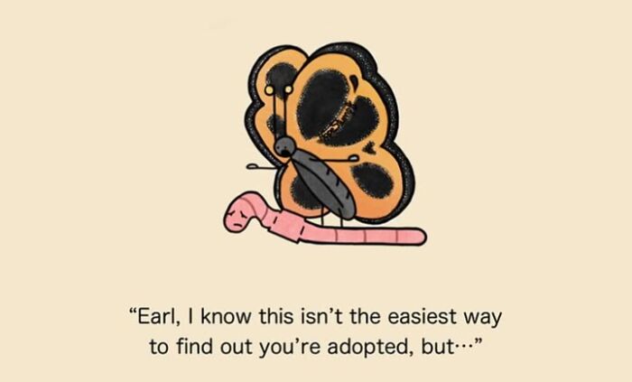 Hilariously relatable comics showing a butterfly and a worm, bringing animals to life.