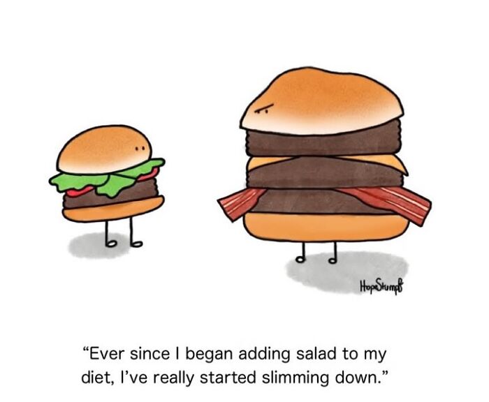 Hilariously relatable comics showing a small burger talking to a large burger, bringing animals to life.