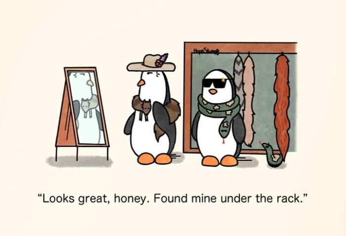 Hilariously relatable comics showing animals trying on fur stoles, bringing animals to life.