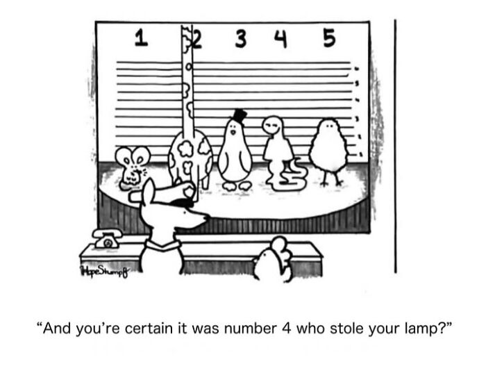 A black and white comic of animals in a police lineup, creating a funny and relatable animal scenario.