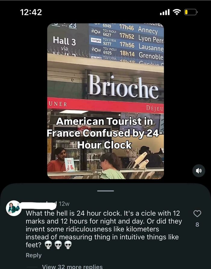 A screenshot of a social media post about an American tourist confused by a 24-hour clock, proving American stupidity.