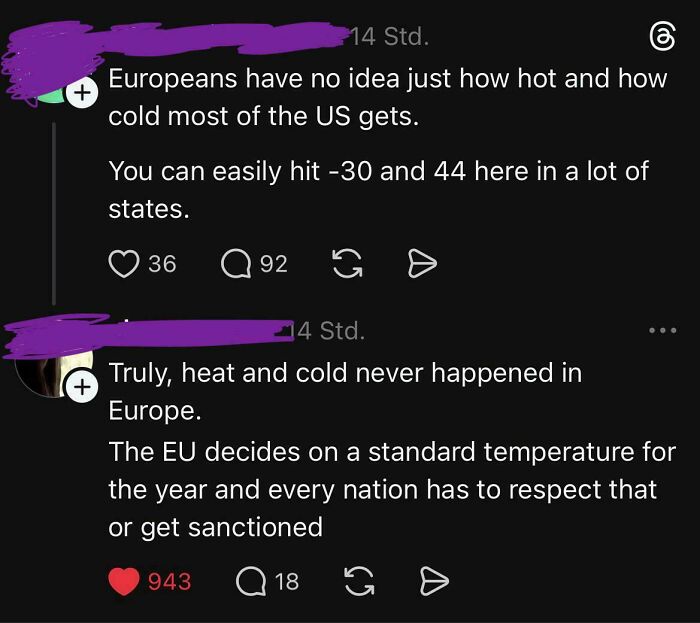 A screenshot of a social media discussion about temperature in the US and Europe, showing American stupidity.