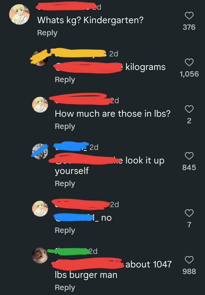 A screenshot of a social media discussion where an American asks about kilograms, illustrating American stupidity.