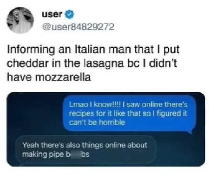 A funny text message conversation where someone puts cheddar in lasagna, sparking hilarious texts and cringe-worthy replies.