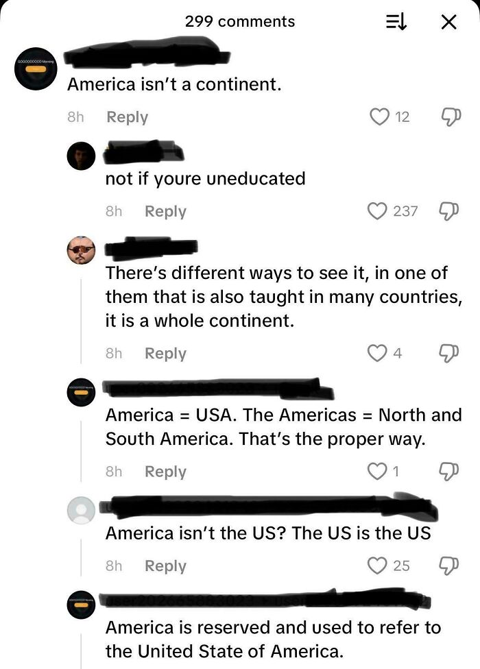 A screenshot of a social media discussion about whether America is a continent, highlighting American stupidity.