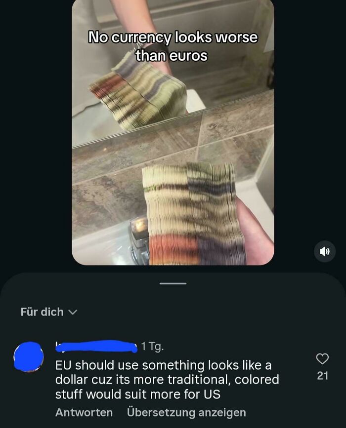 A social media post showing euros currency with a comment suggesting EU use dollars, highlighting the perceived stupidity of Americans.