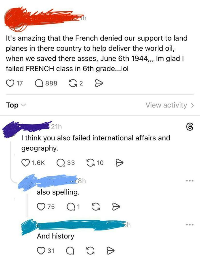 A social media post about the French denying support for planes, with comments correcting the historical and geographical inaccuracies, proving American stupidity.