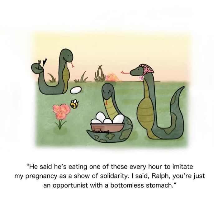 A comic showing snakes and eggs, humorously bringing animals to life in a relatable situation.
