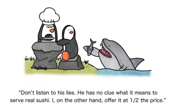 A comic with a chef penguin, a customer penguin, and a shark offering sushi, depicting relatable animal moments.