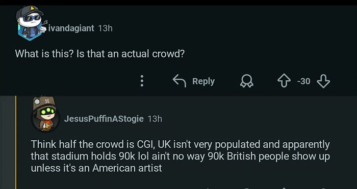 A Reddit discussion about an American thinking a large UK stadium crowd is CGI, highlighting American stupidity.