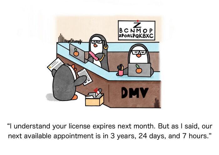 A comic of penguins working at the DMV, highlighting relatable animal situations in a humorous way.