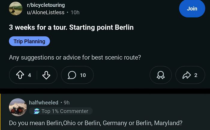 A Reddit post asking for bicycle touring suggestions from 'Berlin,' with an American asking for clarification on which Berlin, showcasing American stupidity.