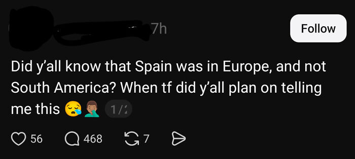 A tweet from an American expressing surprise that Spain is in Europe, not South America, illustrating American stupidity.