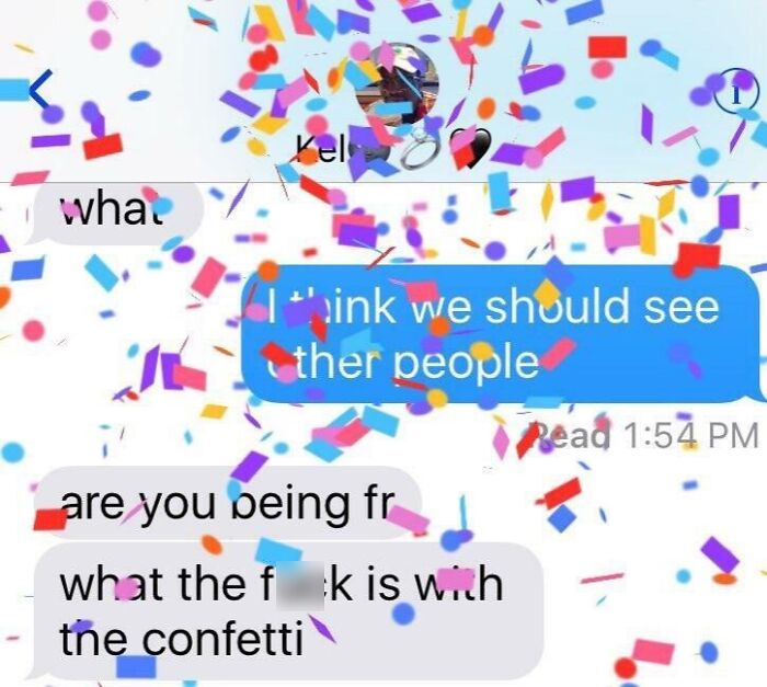 A screenshot of hilarious texts about breaking up, with colorful confetti falling over the message screen.