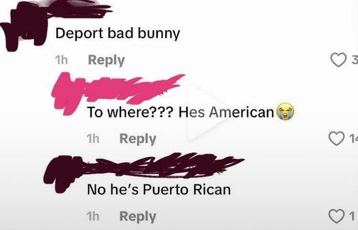A social media exchange where an American mistakenly believes Bad Bunny is American, demonstrating American stupidity.