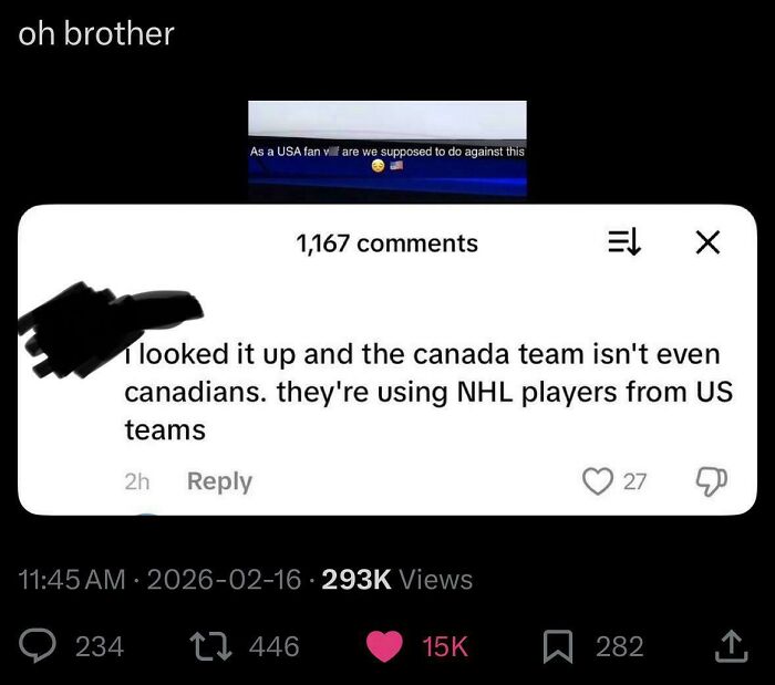 A social media comment from an American claiming the Canadian team uses US NHL players, exemplifying American stupidity.