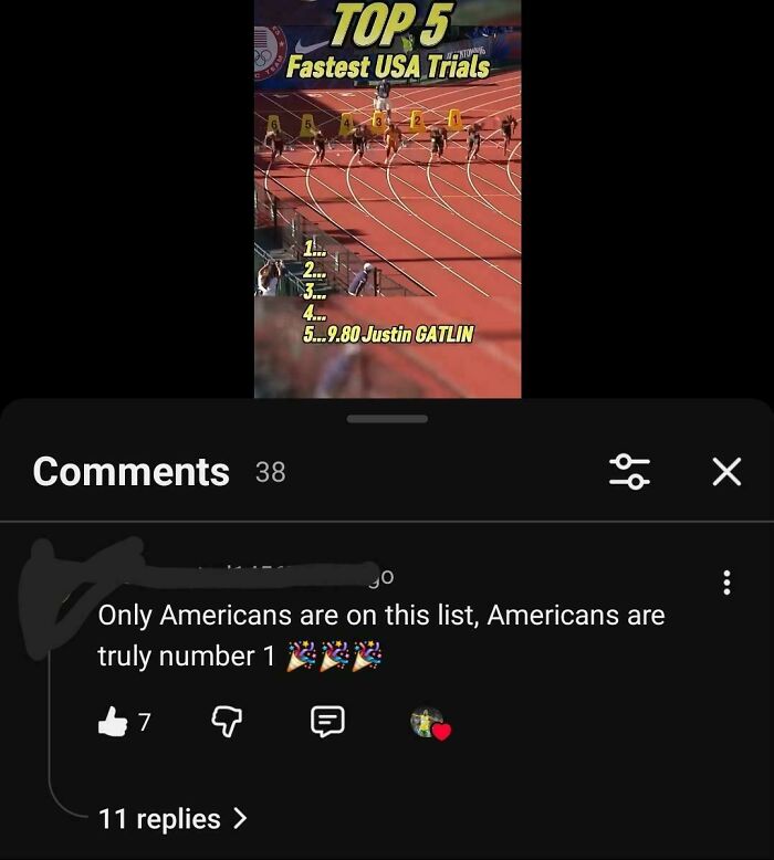 A social media post with a video about fastest USA trials and a comment that Americans are number 1, highlighting their stupidity.