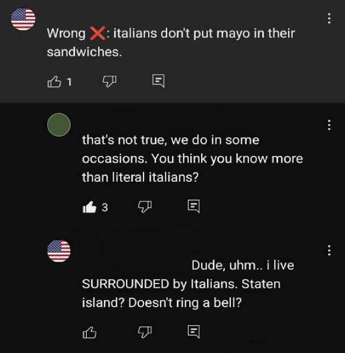 A screenshot of a debate on whether Italians use mayo in sandwiches, highlighting a possibly stupid nation moment.