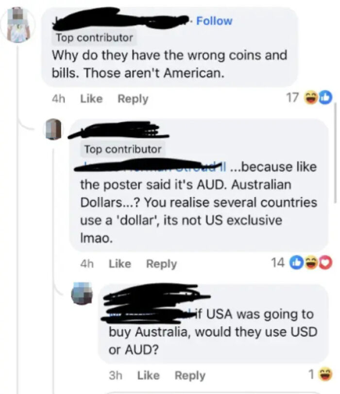 A social media discussion about Australian currency, with an American user questioning non-US coins and bills, reflecting a stupid nation.