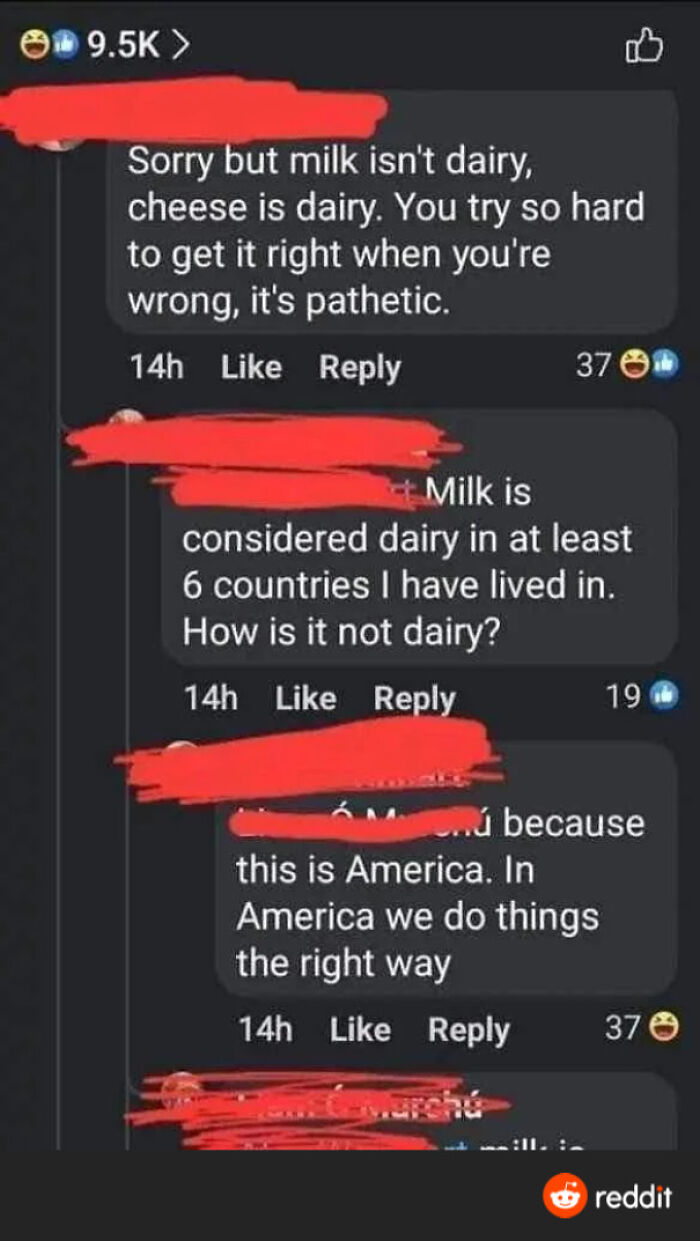 A social media debate where an American claims milk isn't dairy and that America does things the right way, evidencing the stupid nation idea.