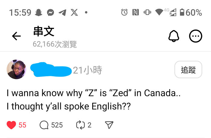 A screenshot of a social media post questioning why Z is called Zed in Canada, highlighting a perceived linguistic ignorance of Americans.