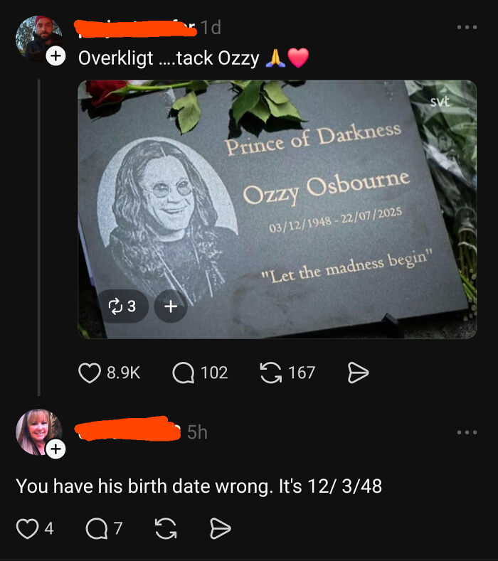 A social media post with a photo of a memorial stone for Ozzy Osbourne and comments about a wrong birth date, highlighting stupid nation.