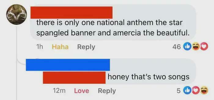 A social media conversation where a user incorrectly identifies two national anthems as one, demonstrating a stupid nation concept.