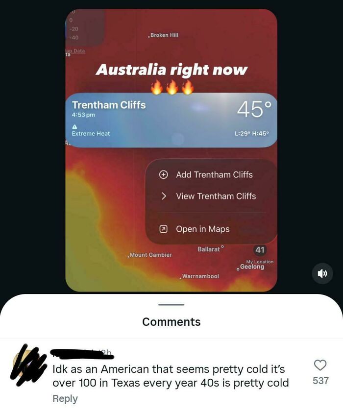 A screenshot showing Australia's weather at 45°C with a comment from an American stating it's cold, illustrating the stupid nation theme.