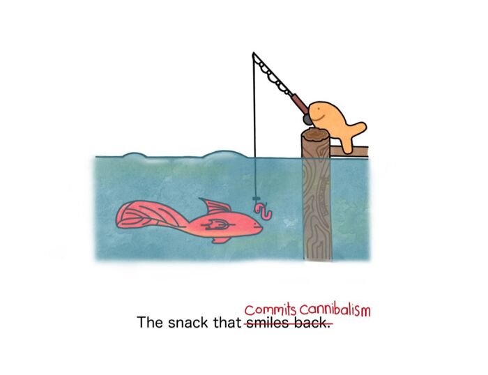 Relatable animals comic of a goldfish cracker fishing for a worm in the water, illustrating a humorous, unexpected situation.